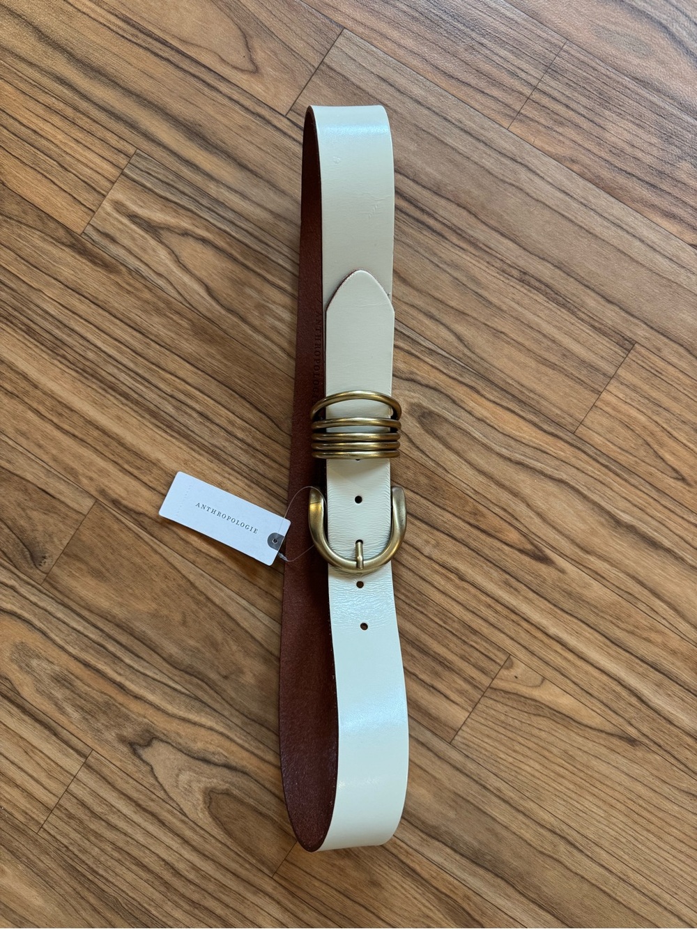 Anthropologie Cream Leather Belt with Antique Gold Rings and Buckle